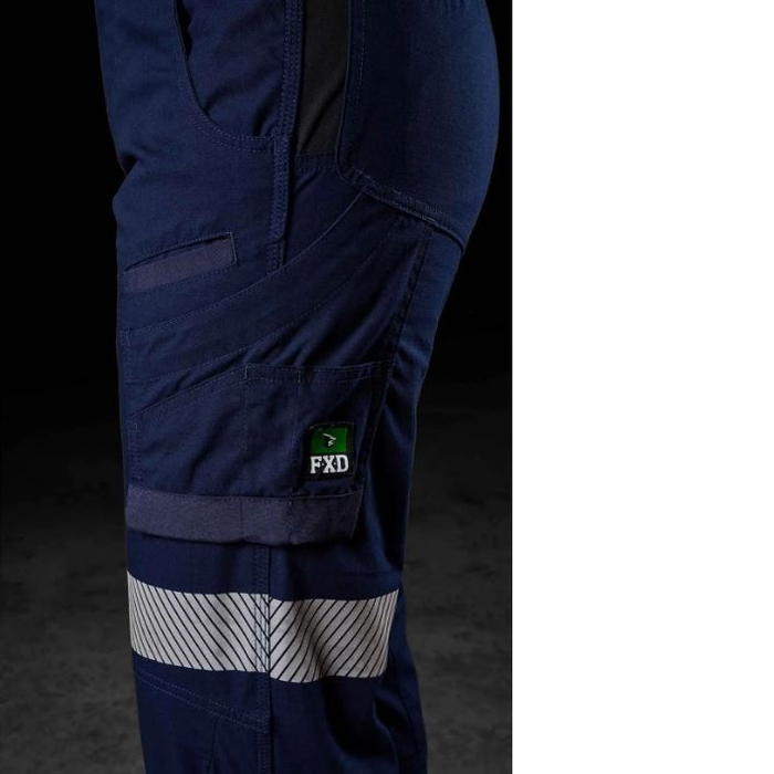 Ladies navy blue worksite pants, Hi Vis, comfortable, easy care.  Side view FXD WP-7WT Womens Taped Stretch Ripstop Work Pants