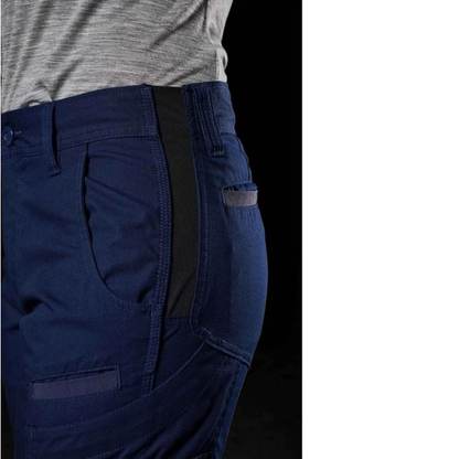 Ladies navy blue, close up of waist band view, FXD WP-7WT Womens Taped Stretch Ripstop Work Pants