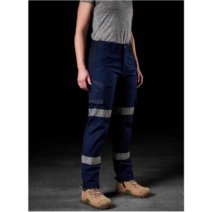 Ladies navy blue, straight leg, utility pockets FXD WP-7WT Womens Taped Stretch Ripstop Work Pants front angle view