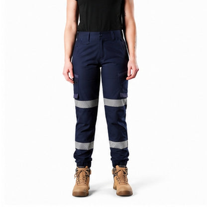 Ladies Navy blue Cuffed Cargo pants with reflective tape FXD WP-8WT Womens Taped Stretch Ripstop Work Pants front view