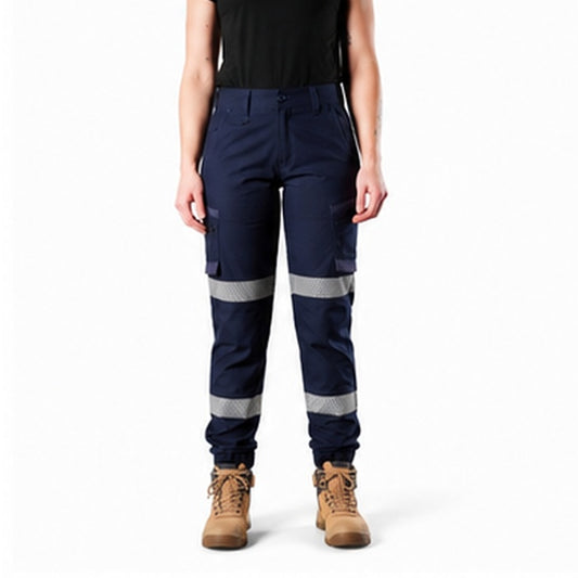 Ladies Navy blue Cuffed Cargo pants with reflective tape FXD WP-8WT Womens Taped Stretch Ripstop Work Pants front view
