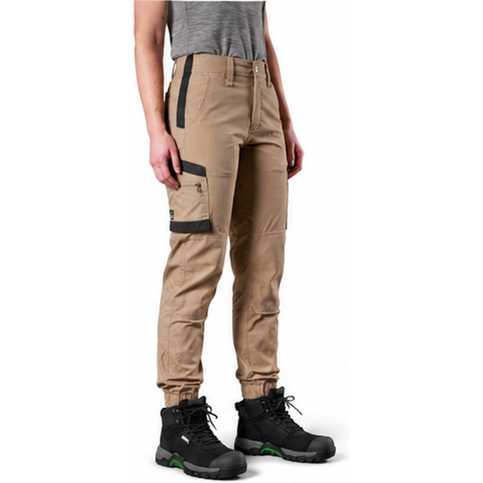 Womens khaki beige tough wearing FXD WP-8W Womens Stretch Ripstop Work Pants front angle view