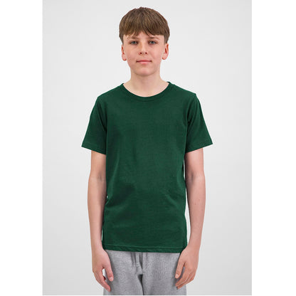 Person wearing a green t-shirt on a white background