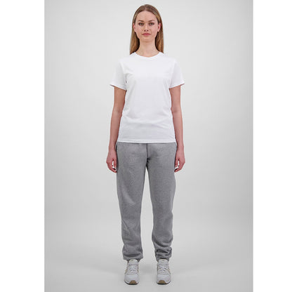 Person wearing a white t-shirt and gray sweatpants on a plain background