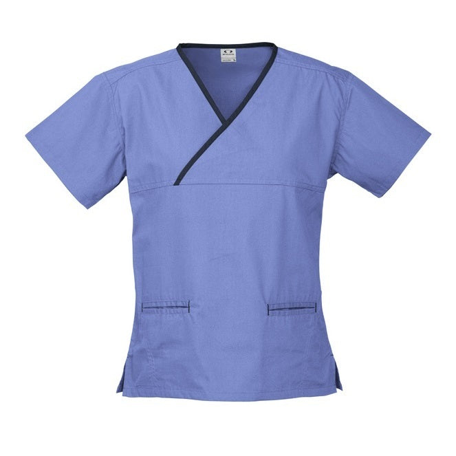 Inaura H10722 Ladies Crossover Scrubs Top - Mid Blue/Navy - Front View