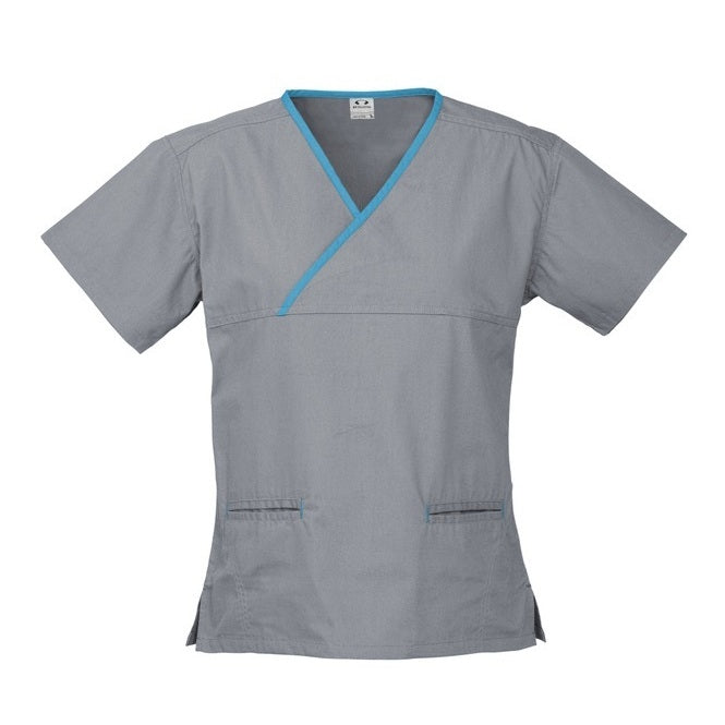 Inaura H10722 Ladies Crossover Scrubs Top - Pewter/Aqua - Front View