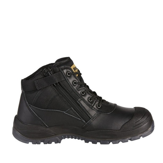 Black high-top boot with a visible brand logo on a white background