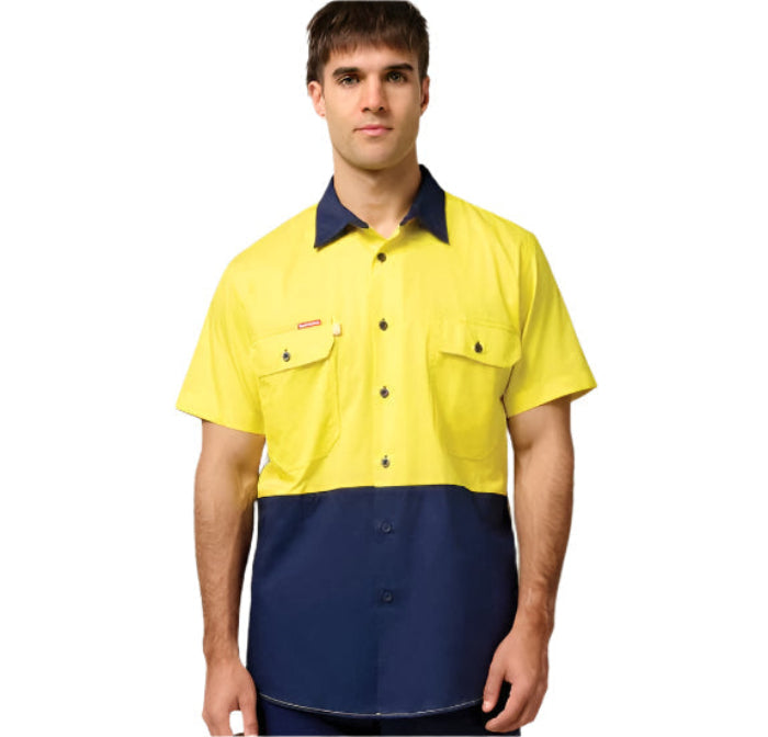 Hard Yakka Y04620 Core Hivis 2-Tone Light Weight Vented Shirt - Yellow/Navy - Front View