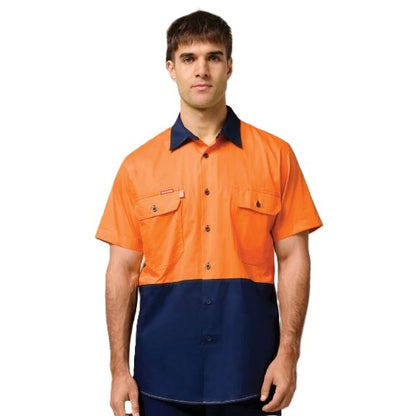 Hard Yakka Y07559 Koolgear HiVis 2-Tone Vented Short Sleeve Shirt - Orange/Navy - Front View