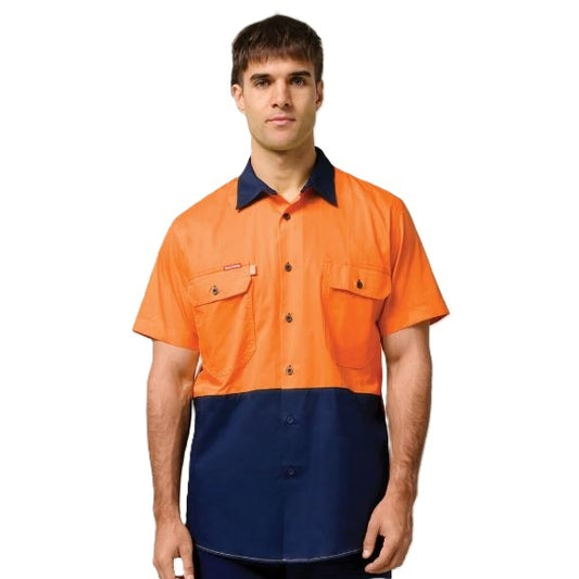 Hard Yakka Y07559 Koolgear HiVis 2-Tone Vented Short Sleeve Shirt - Orange/Navy - Front View
