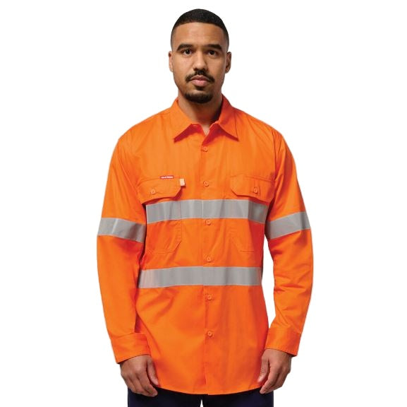 Hard Yakka Y07996 Koolgear HiVis Tape Vented Cotton Twill Shirt - Orange - Front View