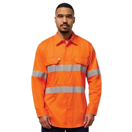 Hard Yakka Y07996 Koolgear HiVis Tape Vented Cotton Twill Shirt - Orange - Front View