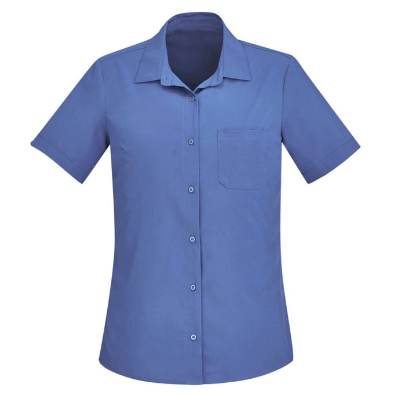 Inaura CS947LS Ladies Plain Short Sleeve Shirt - Mid Blue - Front View