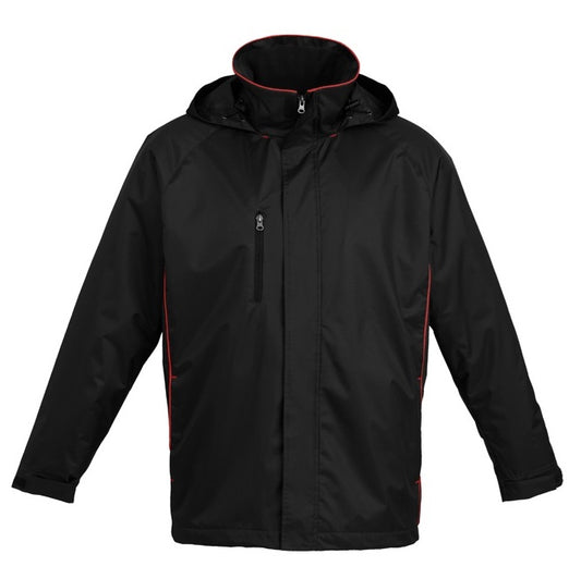 Mens black with red water proof wind proof zip up high collar hooded Biz Collection J236ML Unisex Core Jacket