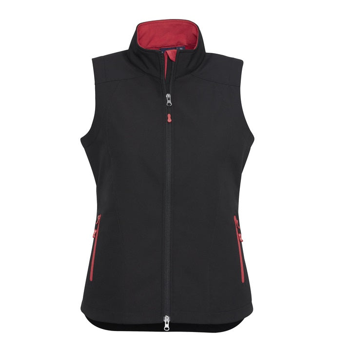 Womens Black and red windy weather protection curved hem easily branded for teams and corporate events Biz Collection J404L Geneva Ladies Vest Softshell