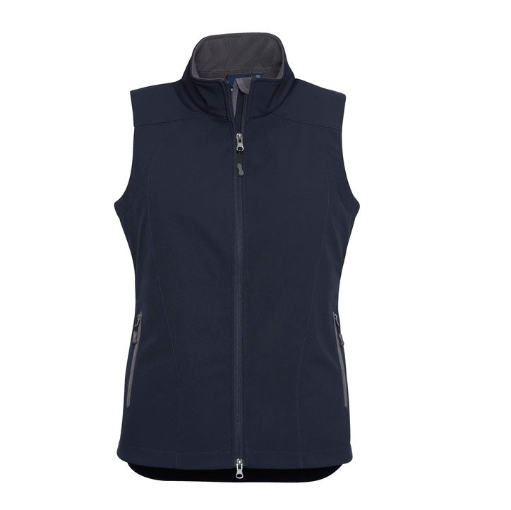 Womens navy semi fitted modern fit windproof outdoors and hiking or worksite Biz Collection J404L Geneva Ladies Vest Softshell