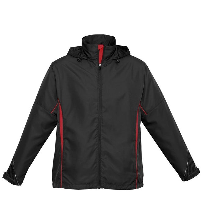 Mens or womens unisex black with red hooded wind and rain resistant zip up moisture wicking adjustable cuff sports jacket Biz Collection J408M Razor Mens Jacket
