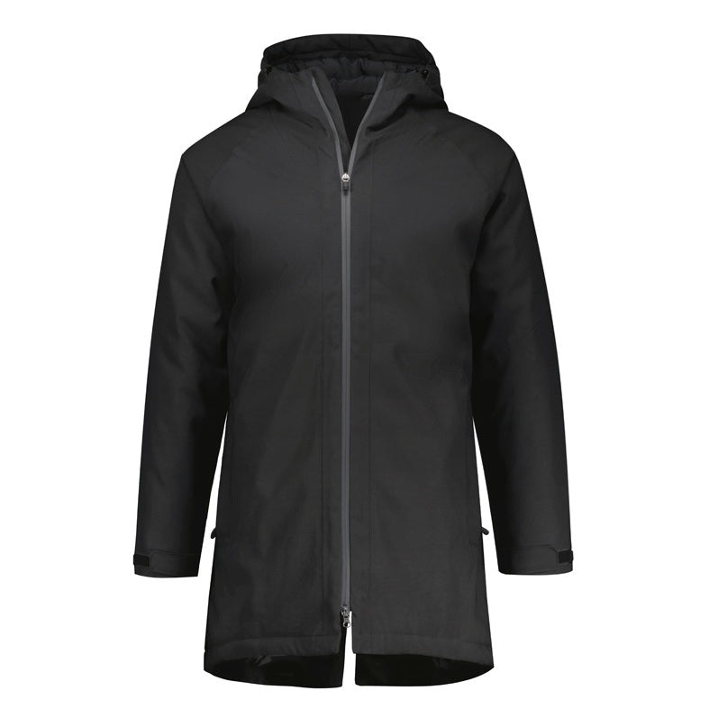 Black unisex mens or womens zip pockets UPF 50+ sun protection
Seam sealed waterproof and
Windproof  breathable fabric
Extra long quilted design
Two way front zip
Adjustable hood Biz Collection J428U Unisex Sphere Jacket
