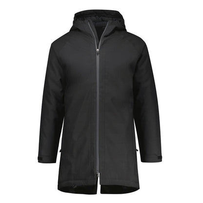 Black unisex mens or womens zip pockets UPF 50+ sun protection
Seam sealed waterproof and
Windproof  breathable fabric
Extra long quilted design
Two way front zip
Adjustable hood Biz Collection J428U Unisex Sphere Jacket