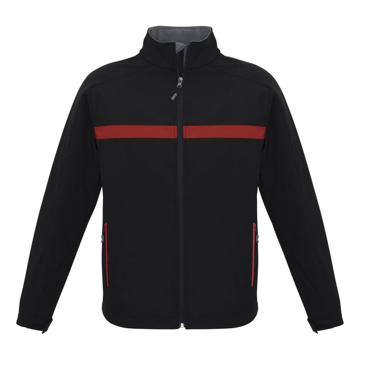 Unisex mens or womens black with red zip down warm seasonal everyday rain resistant Biz Collection J510M Charger Unisex Softshell Jacket