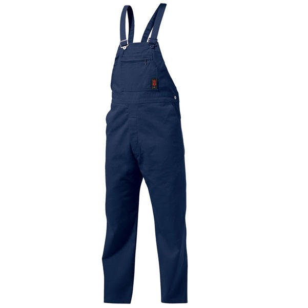 Navy blue bib overalls on a white background