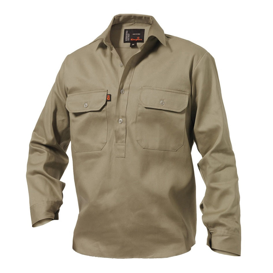 KingGee K04020 Closed Front Drill Long Sleeve Shirt - Khaki - Lifestyle