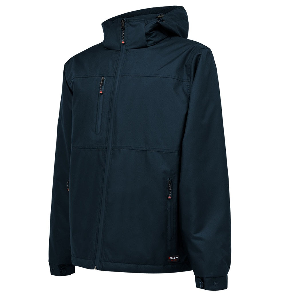 Dark blue jacket with a hood on a white background