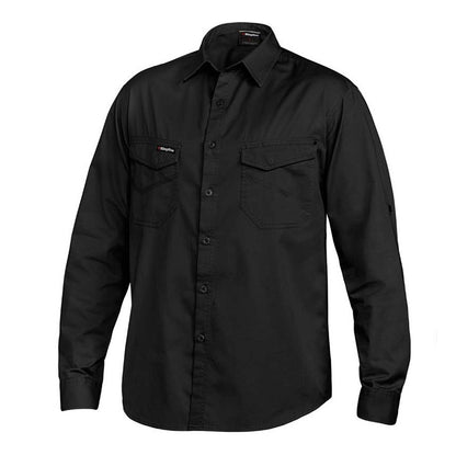 Black long-sleeve shirt with two front pockets on a white background