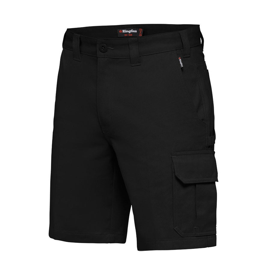 Black cargo shorts on a white background