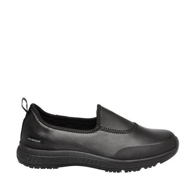 Black slip-on shoe with a white background