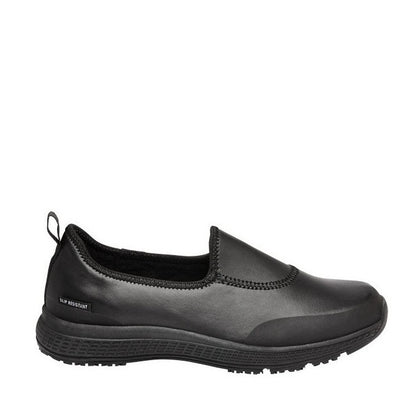 Black slip-on shoe with a white background
