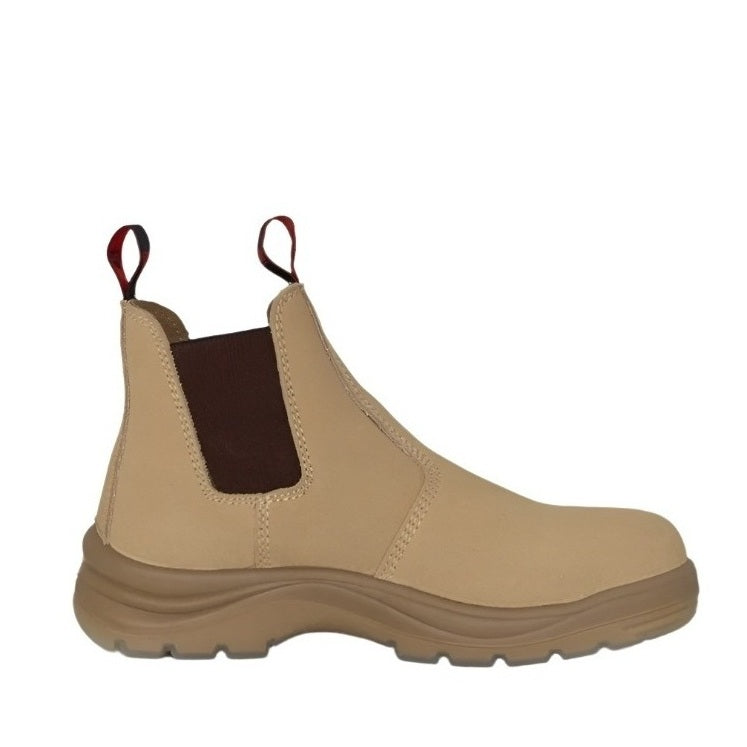 Beige Chelsea boot with brown patch on a white background