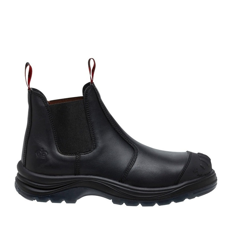 Black leather boot with a brand logo on a white background