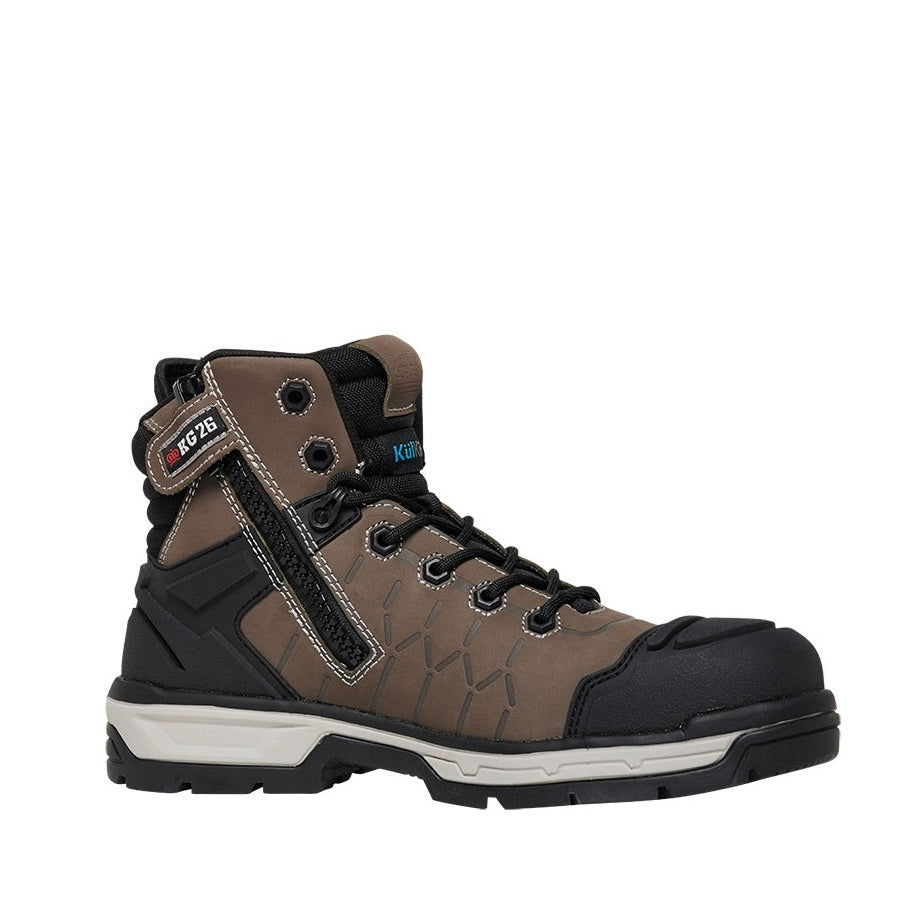Brown and black boot with visible brand logo on a white background
