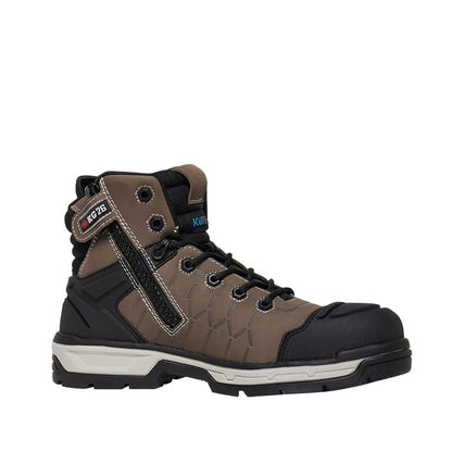 Brown and black boot with visible brand logo on a white background