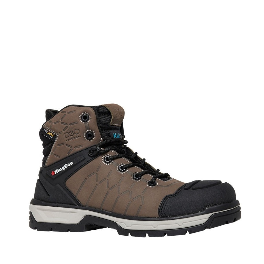 Brown and black hiking boot with visible brand logo on a white background