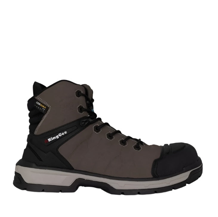 Gray and black hiking boot with KingGea branding on a white background