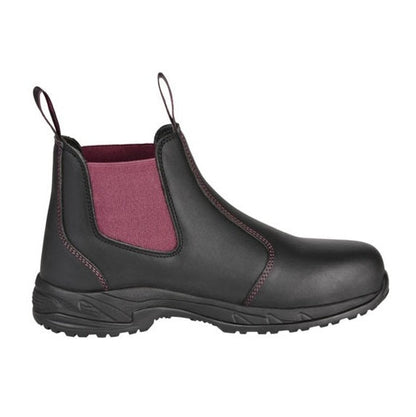 A King Gee K27390 women's safety boot with a black leather upper, red gusset, and black rubber outsole.