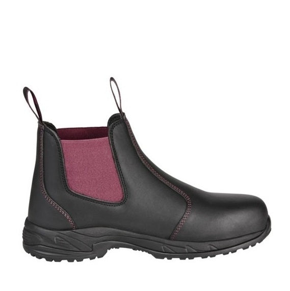 Black leather boot with a pink interior on a white background