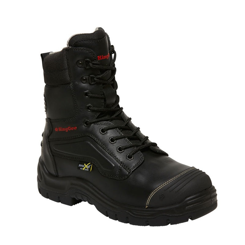 Black high-top boot with brand logo on a white background
