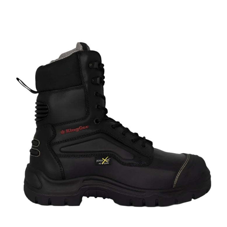 Black boot with visible branding on a white background