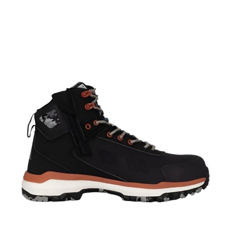 Black hiking boot with brown sole on a white background
