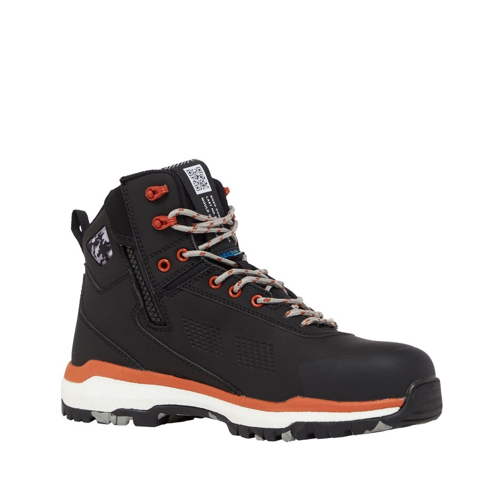 Black hiking boot with orange accents on a white background