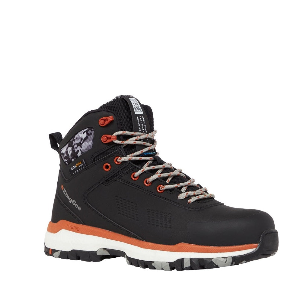 Black hiking boot with orange accents on a white background