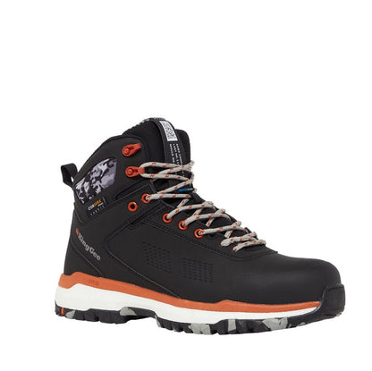Black hiking boot with orange accents on a white background
