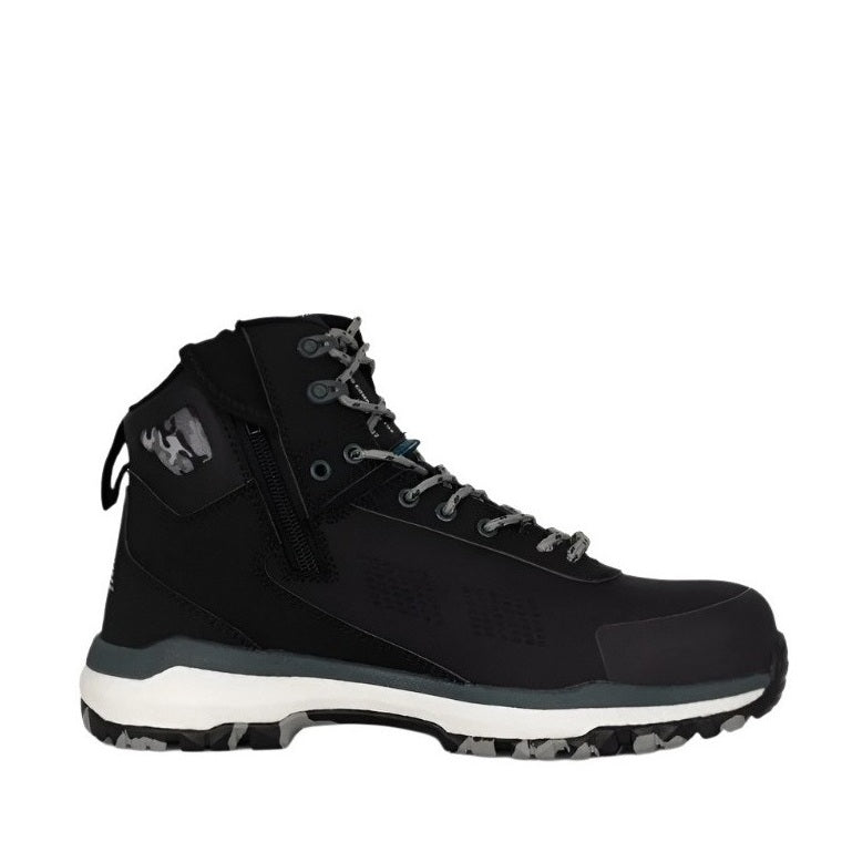 Black hiking boot with white sole on a white background