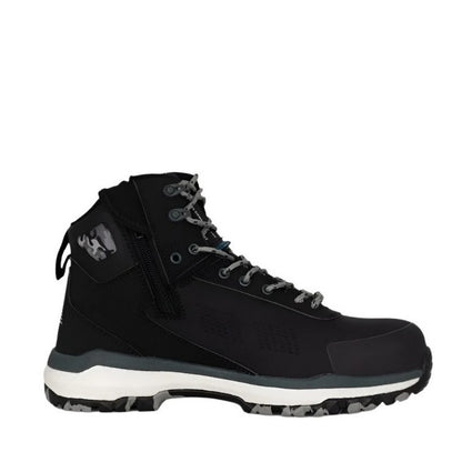 Black hiking boot with white sole on a white background