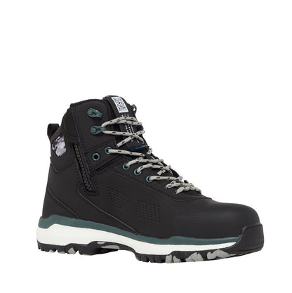Black hiking boot with white sole on a white background