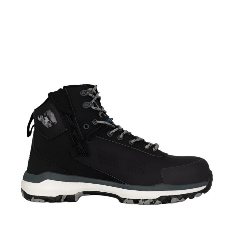 Black high-top sneaker with white sole on a white background