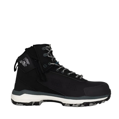 Black high-top sneaker with white sole on a white background